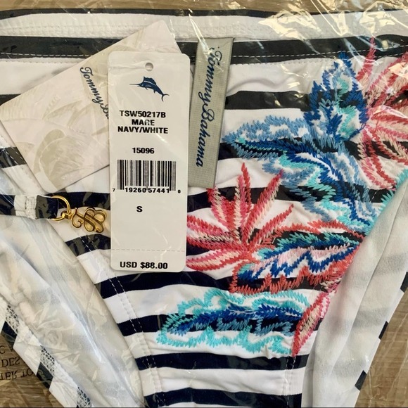Tommy Bahama Palms of Paradise Embroidered String Bikini Bottoms in Navy/White - Picture 6 of 7